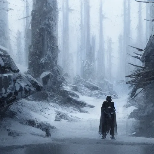 Prompt: star wars concept art by greg rutkowski, a neogothic city in the middle of a snowy forest landscape and near a lake, dark clouds, scarce rays of sunlight, enigmatic atmosphere, artstation hq.