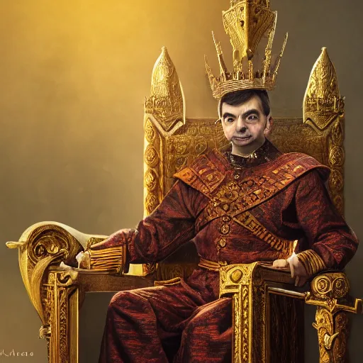 Prompt: A portrait of Mr. Bean depicted as a medieval king on throne, close up shot, atmospheric lighting, painted, intricate, volumetric lighting, beautiful, rich deep colours masterpiece, golden hour, sharp focus, ultra detailed, by Leesha Hannigan, Ross Tran, Thierry Doizon, Kai Carpenter, Ignacio Fernández Ríos