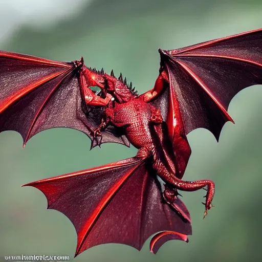 Prompt: a beautiful dark red dragon with shiny copper scales and bat like wings.