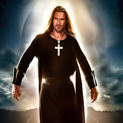 Prompt: action movie hero wearing dressed in priest's robes with a cross necklace. movie poster. 4k. Long flowing hair. pokies.