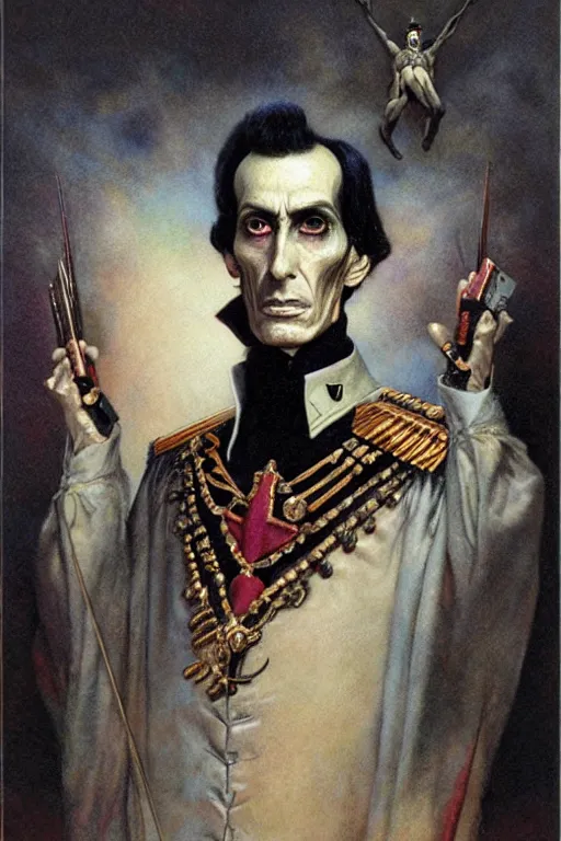 Image similar to occult art portrait of simon bolivar by wayne barlowe, gustav moreau, goward,  Gaston Bussiere and roberto ferri, santiago caruso, and austin osman spare