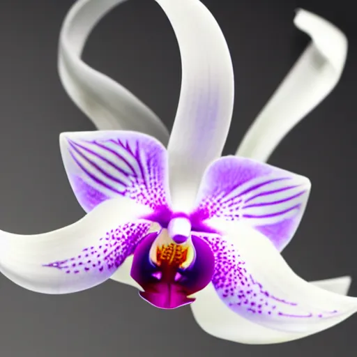 Prompt: an orchid flower, robotic, made of metal, shiny, glowing