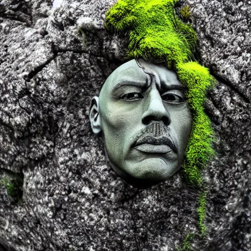 Image similar to a grey mossy rock with the face of dwayne johnson, shot on iphone 1