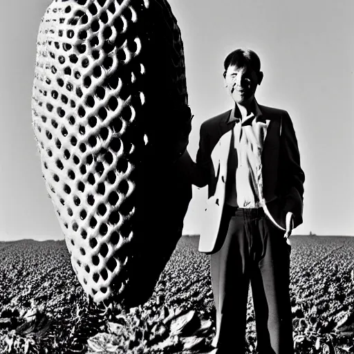 Prompt: man standing proudly next to a huge strawberry, photograph, vintage, black and white, detailed, realistic