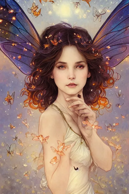 Prompt: portrait of beautiful faerie with butterfly wings, headshot, symmetrical, elegant, regal, intricate, fireflies in a twilight background, highly detailed, digital painting, artstation, concept art, sharp focus, watercolor, muted color, complementary colors, art by artgerm, greg rutkowski and alphonse mucha