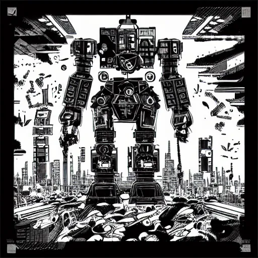 Image similar to Mcbess designed cyberpunk aesthetic TOOL album cover art of a giant mech warrior