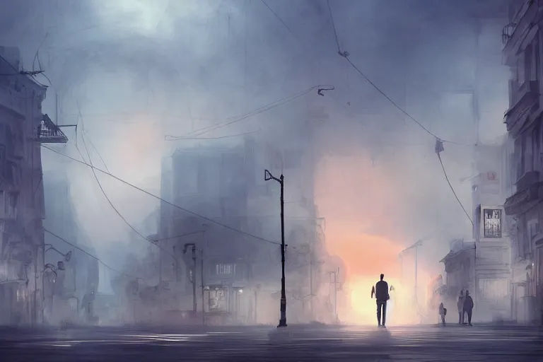 Prompt: artstation, concept art, dramatic lighting, bucharest, sunset, mist, people on the streets, rule of thirds, composition, atmospheric