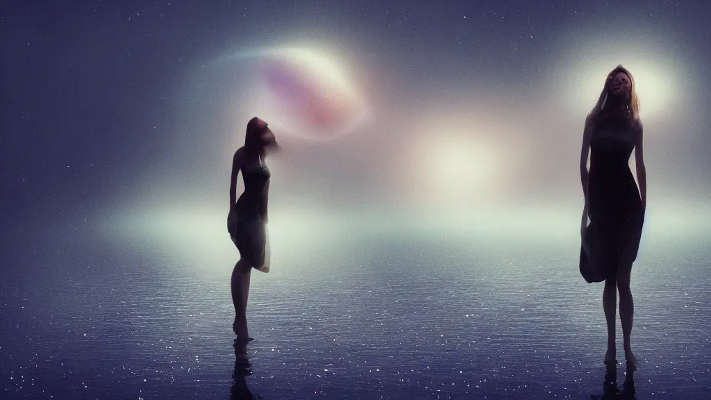 Image similar to whimsical, a single beautiful playful woman, wearing professional makeup, standing in a lake, blowing trippy smoke, under the stars, with a binary black hole with a ring in the sky, by Lois van Baarle, by Greg Rutkowski, by Ilya Kuvsninov, cinematic angle, face enhance, volumetric lighting, cinematic lighting, digital art, 4k resolution, octane render, trending on artstation, masterpiece