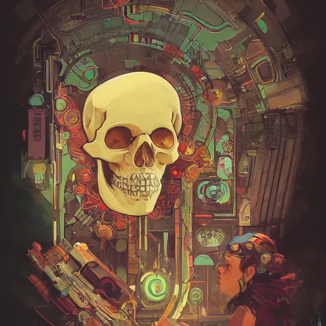 Prompt: a beautiful portrait painting of a ( ( cyberpunk ) ) skull by simon stalenhag and pascal blanche! and alphonse mucha! and nekro. in style of digital art. colorful comic, film noir, symmetry, hyper detailed. octane render. trending on artstation