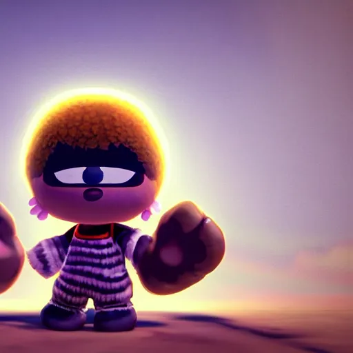 Prompt: 3d octane render style glowing eyes 3d anime child model brown skin beautiful Afro hair 3d video game animal crossing background cinematic 8K