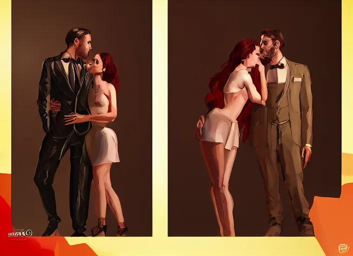 Image similar to couple, man and woman in pose of couple vol 2 photo reference pack for artists, spirit hugs, gold trim, atmoshperic, elegant, sharp focus, red sun, huge lips, poses by satine zillah, environment by hw 6 5 2 3, art by ilya ozornin, artstation, intricate details, concept art