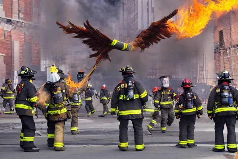 Image similar to a phoenix trying to burst into flames with firemen standing by