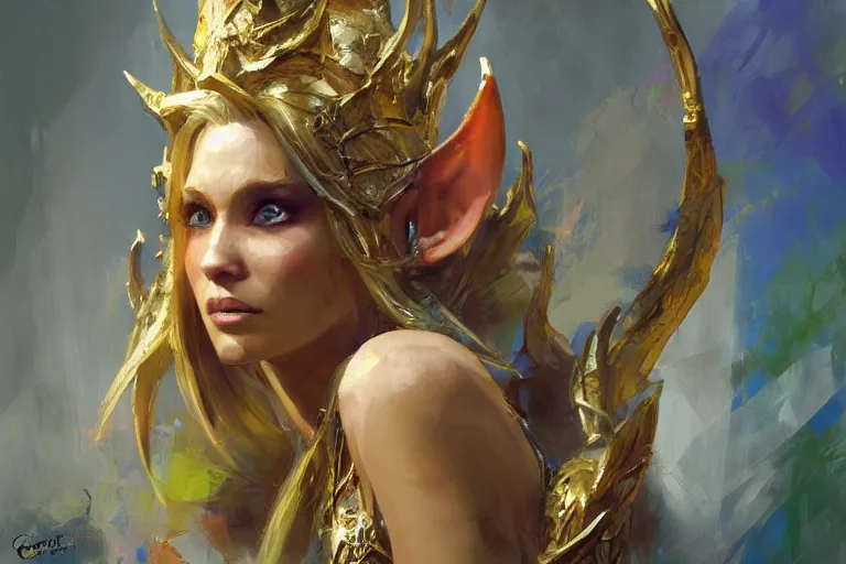 Image similar to A bright, happy painting of an elven queen by Craig Mullins, beautiful, hyperrealistic, realistic face, high-quality, professional, dramatic lighting, extremely high detail, trending on artstation