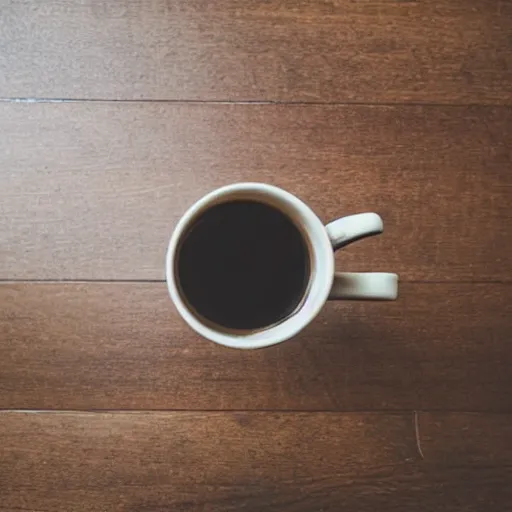 Prompt: coffee mug on hardwood view from above