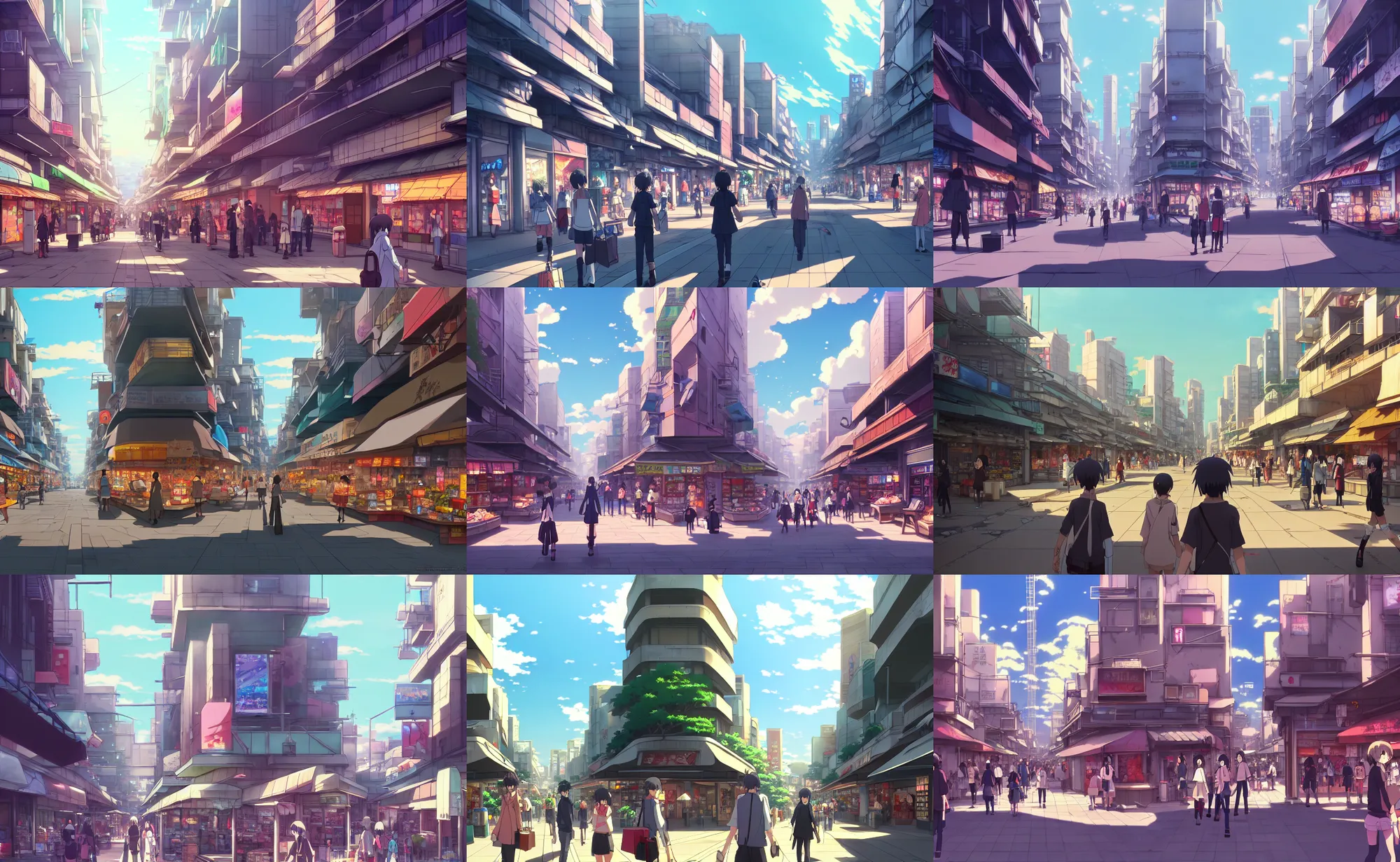 Prompt: an anime movie background matte painting of a street - level view of a modern city shopping district | | by makoto shinkai, trending on artstation, highly detailed