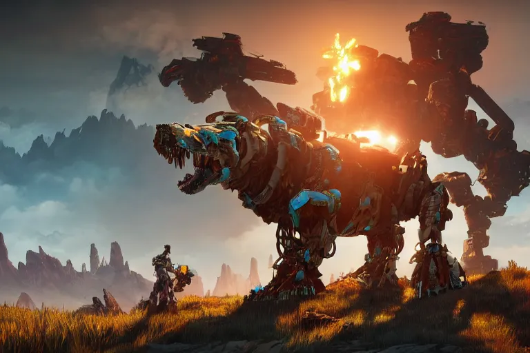 Image similar to tremortusk machine mecha animal beast robot of horizon forbidden west horizon zero dawn bioluminiscence global illumination ray tracing hdr fanart arstation by sung choi and eric pfeiffer and gabriel garza and casper konefal