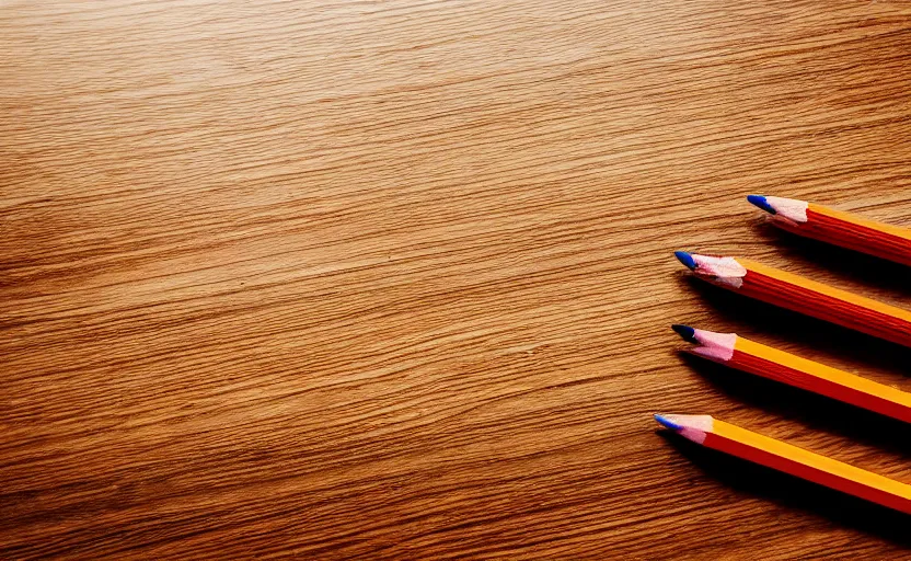 Prompt: top view of a wooden table with a pencil, natural light, cinematic lighting, 8 k