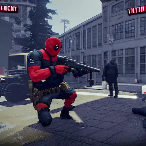 Image similar to Screenshot from the PC game Payday 2 demonstrating the Deadpool crossover