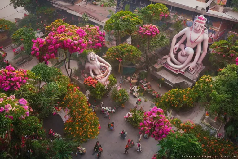 Image similar to beautiful dreamy! biomorphic new delhi, hanuman!! head building, kalighat flowers, octane sharp cinematic, stephen shore & john j. park, soft morning light, wide shot, aerial shot, uhd 8 k, shallow depth of field