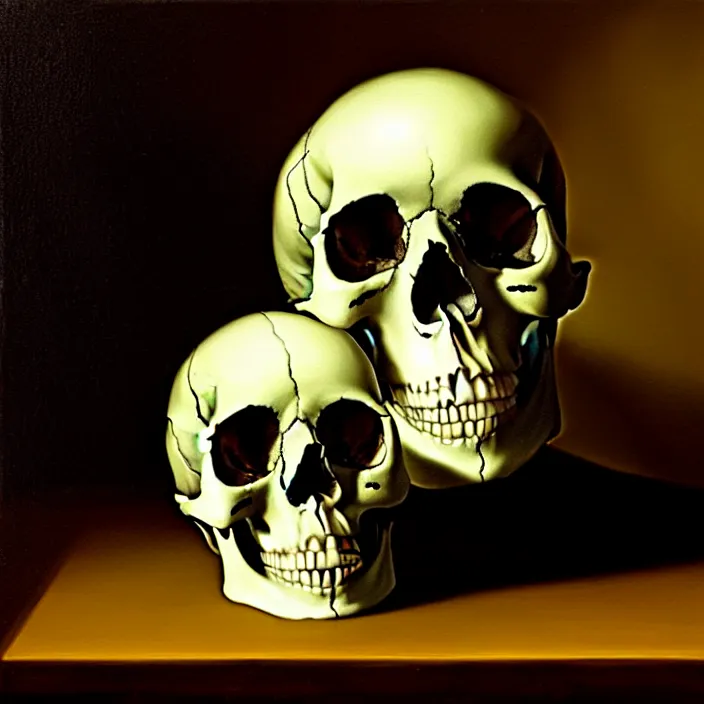 Image similar to still life painting of a skull with neon glowing crystal eyes, by pieter claesz, oil on canvas, strong lighting, highly detailed, hyper realism, golden hour, god rays, hd, 4 k