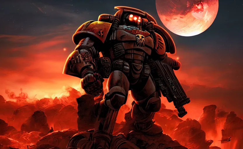 Image similar to gritty comic book cover, beautiful woman! space marine! standing atop rise, sunset lighting, war silhouette in background, hyper realism, realistic shading, cinematic composition, blender render, octane render, hdr, detailed textures, photorealistic, ultrawide shot, 1 6 mm lens