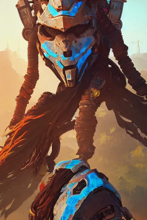 Image similar to combination suit armor aloy horizon forbidden west horizon zero dawn radiating a glowing aura global illumination ray tracing hdr fanart arstation by ian pesty and alena aenami artworks in 4 k tribal robot ninja mask helmet backpack