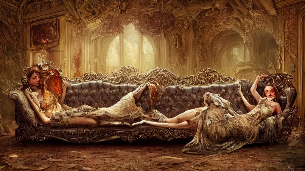 Image similar to a beautiful woman sitting on an ornate victorian couch made out of decomposing animals, intricate, detailed, volumetric lighting, sharp focus, photorealism, digital painting, highly detailed, concept art, by roger dean and simon stalenhag and mark brooks