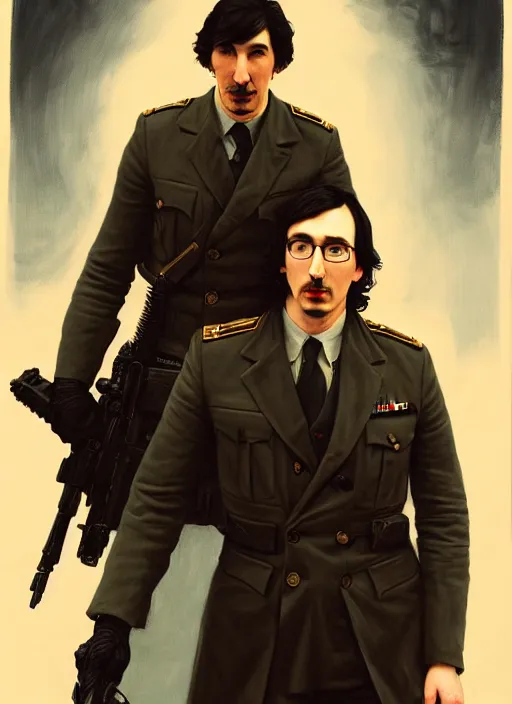 Image similar to painting of both john oliver and adam driver together, adam driver behind, john oliver in front, stoic, full body, military uniform, fantasy, elegant, beautiful, highly detailed, centered, dark, smokey, digital painting, concept art, smooth, sharp focus, illustration, deviant art, art by greg rutkowski, art by alphonse mucha