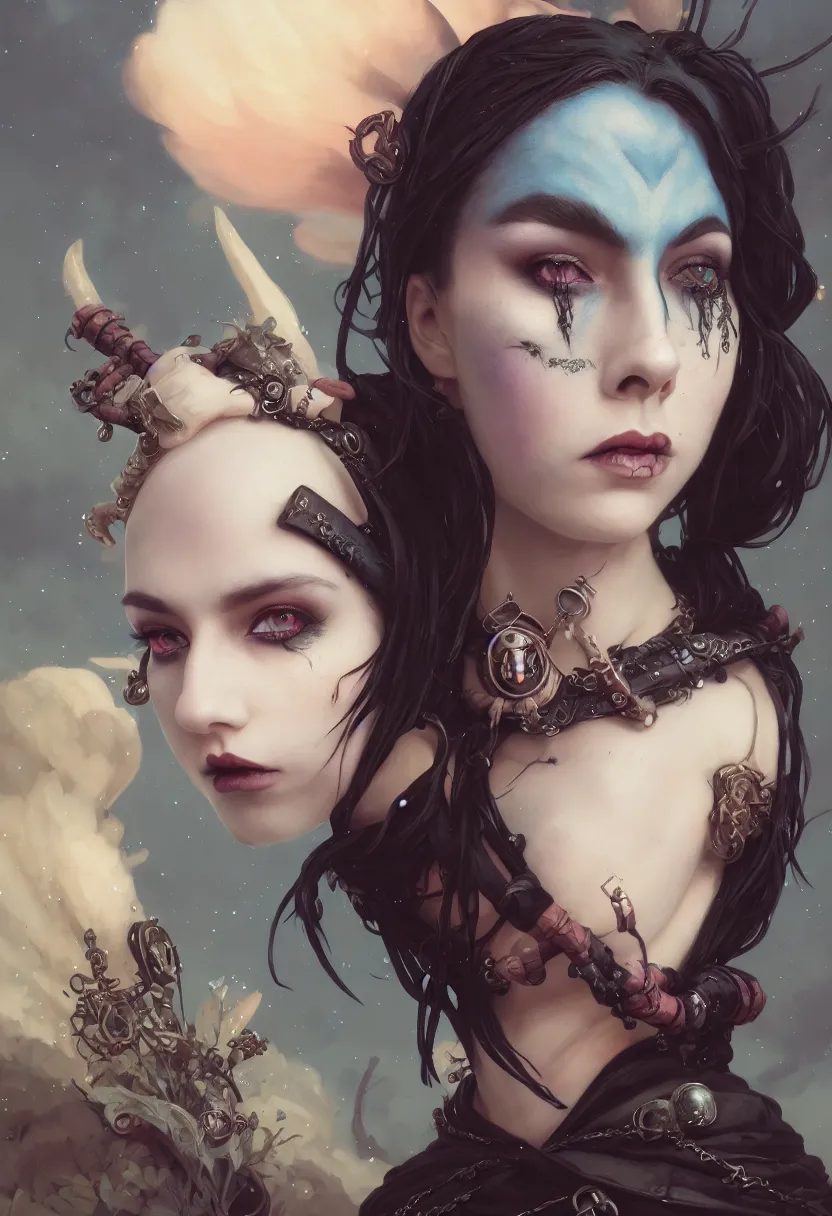 Image similar to beautiful very extreme closeup portrait, goth girl, piercings collar, mohawk hairstyle, medieval dress. witch, makeup. unreal engine, greg rutkowski, loish, rhads, beeple, tom bagshaw, alphonse mucha, global illumination, detailed and intricate environment