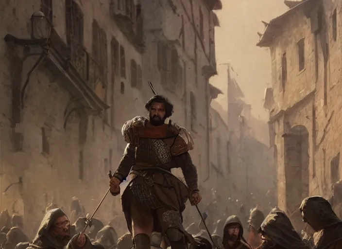 Image similar to dramatic cinematic artwork close up of a man with short brown hair in a medieval town aiming a longbow by Greg Rutkowski, 4k, masterpiece