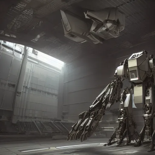 Image similar to a photorealistic 3D artwork of a huge mech standing inside a moody, cluttered hangar of a sci fi space station, 8K image, trending on art station, award winning sci fi work, octane render, hard surface