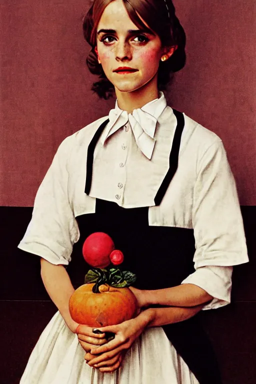 Image similar to photo photorealistic portrait photograph Emma Watson as maid 1970s portrait by Norman Rockwell