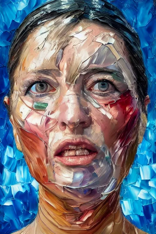 Prompt: palette knife oil painting portrait dr krystal knight, woman, late 4 0 s, eyes filled with icy hate, extreme detail, artstation trending, ice, cold, freezing, blue, artgerm, any racial background, deviant art, octane, substance, art history 8 k