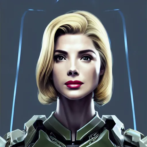 Image similar to A combination of Grace Kelly's and Ada Wong's and Ashley Greene's appearances with blonde hair wearing Forerunner armor from Halo, high tech, action shot, angular, full body portrait, futuristic, dramatic, fantasy, intricate, elegant, highly detailed, artstation, matte, sharp focus, 8K, art by Artgerm and Greg Rutkowski and Alphonse Mucha