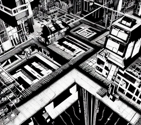 Image similar to a black and white illustration of a cyberpunk epic Friday night firefight in the style of MC Escher, Night City, cyberpunk 2077, 1979 OMNI Magazine Cover, very very coherent, street level neo-Tokyo in Cyberpunk 2045, 4k, 8k, HD, trending on artstation