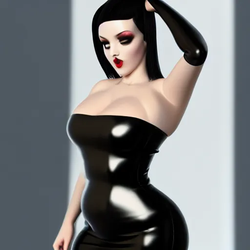 Image similar to a curvy feminine pale goth cutie in an elaborate black latex-leather-rubber tight tube dress, with a thin waist, tube-top, cgsociety, photorealistic, sublime-comfy-elegant ambience, 16k, smooth, sharp focus, trending on ArtStation, volumetric lighting, fully clothed, worksafe