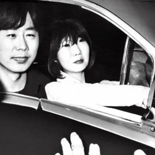 Image similar to 1960s press archive of the actress Choi Eun-Hee and director Shin Sang-ok coming out of a car, faces obscured, Reuters, 35mm film, film grain, mysterious exterior, underexposed