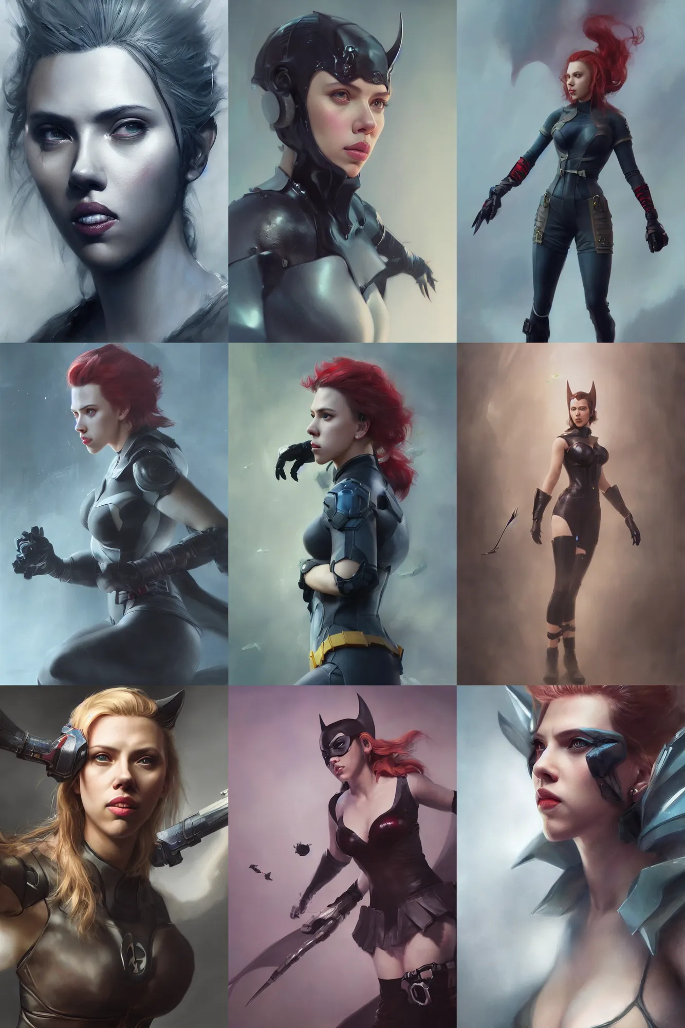 Prompt: scarlett johansson as bat girl, 3 d render, hyper - realistic detailed portrait, ruan jia, wlop. scifi, fantasy, magic the gathering, hyper detailed, octane render, concept art, peter mohrbacher