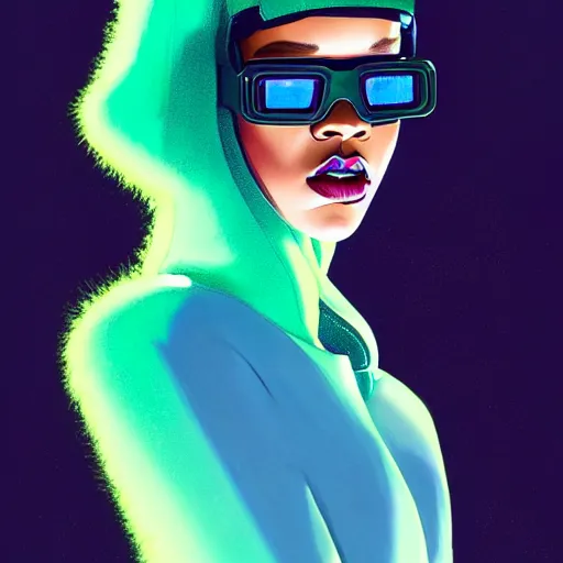 Image similar to Rihanna wearing opaque reflective goggles profile picture by Greg Rutkowski, green Bob wig, asymmetrical, futuristic, volumetric lights, streetwear, studio ghibli, Organic Painting , Matte Painting, geometric shapes, hard edges, trending on the artstation, fantasy LUT, realistic by Sachin Teng + Martin Grip + Moebius + Patrick Gleason, smooth, sharp focus, illustration, art by John Collier and Albert Aublet and Krenz Cushart and Artem Demura and Alphonse Mucha, techwear, Industrial Scifi, detailed illustration, character portrait,