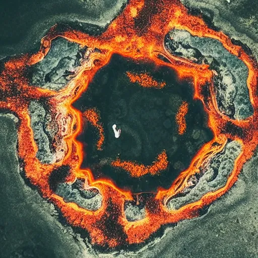 Image similar to ancient demon summoning, magic, volcanic acitvity, shot from drone, intricate abstract
