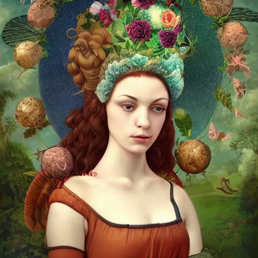 Image similar to a detailed portrait of young woman in renaissance dress and a surreal renaissance headdress, very surreal garden, cyberpunk, surreal tea party, strange creatures, by christian schloe and botticelli, naotto hattori, amy sol, roger dean, moody colors