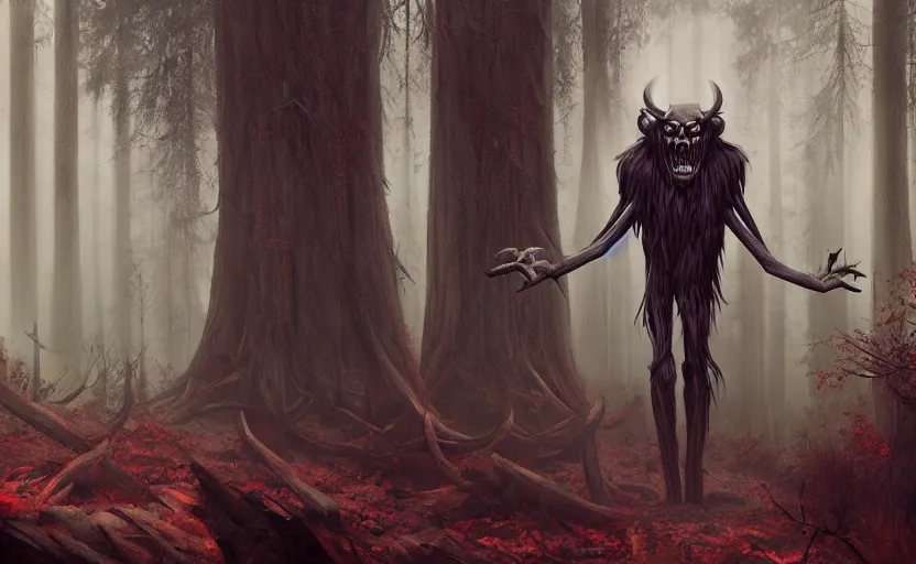 Prompt: A scary wendigo standing behind a man in a dark forest, eerie, scary, horror, digital art, artstation, WLOP, Mandy Jurgens
