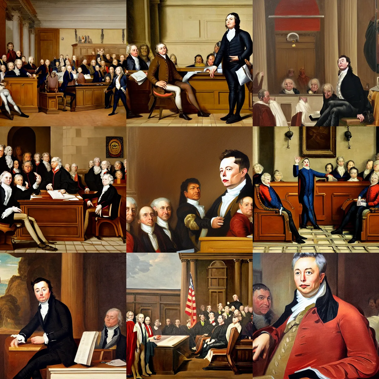 Prompt: oil painting of elon musk on trial in the court of chancery by benjamin ferrers, oil on canvas, circa 1 7 9 5, highly detailed