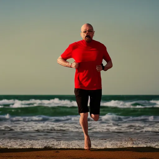 Image similar to Walter White running on the beach, artistic, 8k, cinematic, accurate, symetric, face, dramatic lighting, pastel colours