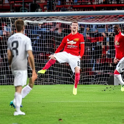 Prompt: Brett Goldstein, Roy Kent, scores a goal for for Manchester United in 2019