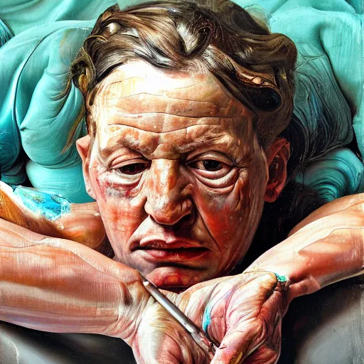 Image similar to high quality high detail painting by lucian freud and jenny saville, hd, hyper diemensional, turquoise