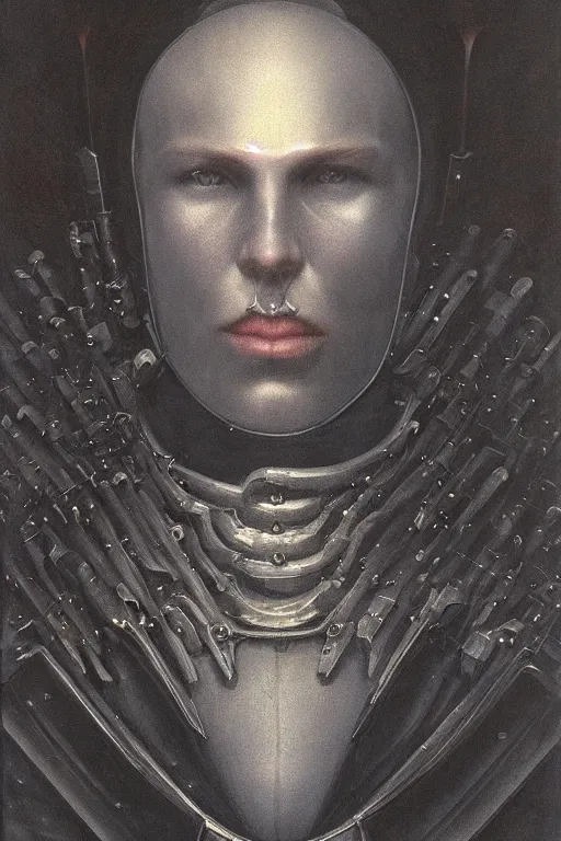 Image similar to portrait of beautiful gothic and futuristic young man, warhammer, cyber armor, a lot of more and more scars, thunderstorm and fire, black head, the middle ages, highly detailed, artstation, illustration, more and more composision, 8 k quality, art by jean delville, rene magritte