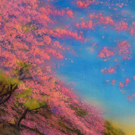 Prompt: cherry tree blossom, windy, impressionist, golden hour, masamune shirow