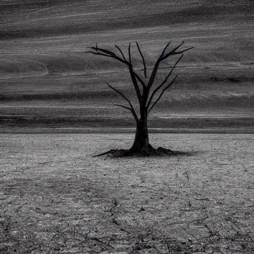 Image similar to A desolate wasteland, where the only sign of life is a lone, skeletal tree, bleak and foreboding.