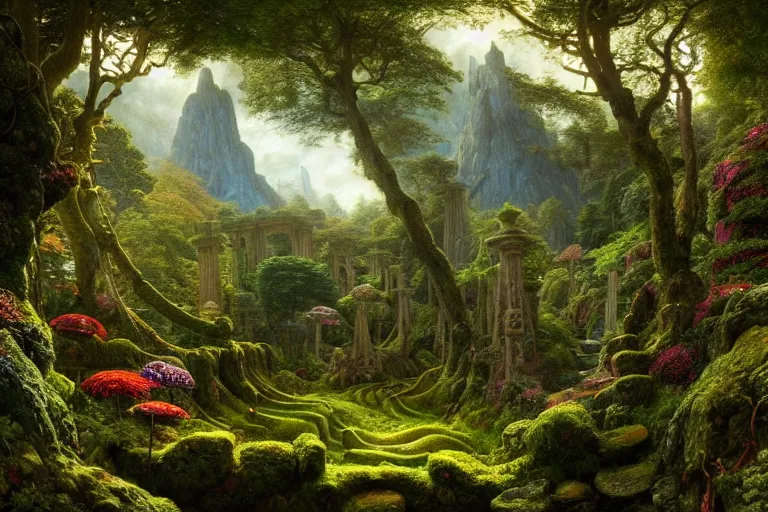 Image similar to a beautiful and highly detailed matte painting of a lush garden in a beautiful forest, carved celtic stone runes, psychedelic colors, intricate details, epic scale, insanely complex, hyperdetailed, artstation, cgsociety, 8 k, sharp focus, hyperrealism, by caspar friedrich, albert bierstadt, james gurney, brian froud,